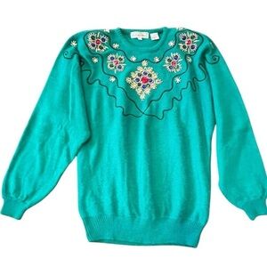 Embroidered vintage sweater with rhinestones, featuring a colorful design